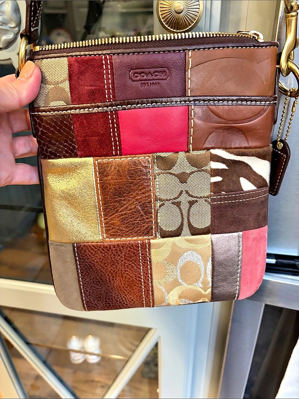 Coach Gold Metallic Signature Patchwork Swingpack Crossbody Brown & Pink